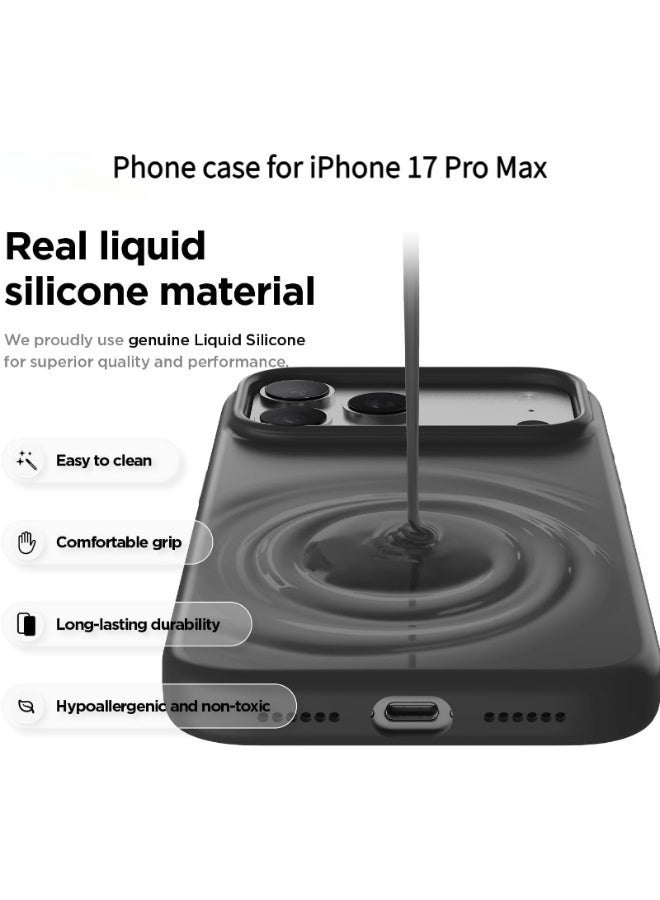 غطاء سيليكون سائل مخصص لهاتف iPhone 17 Pro Max، متوافق مع خاصية MagSafe، مقاوم للصدمات، لا يظهر البصمات ولا يصفر مع الوقت، باللون الأسود منتصف الليل - Image 2